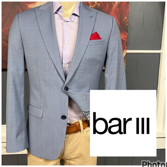 Bar III Blazer Jacket Sport Coat Mens 40R Slim Fit Wool Blend Stretch Blue